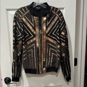 Peace & Love Black and Gold Sequins Bomber Jacket
